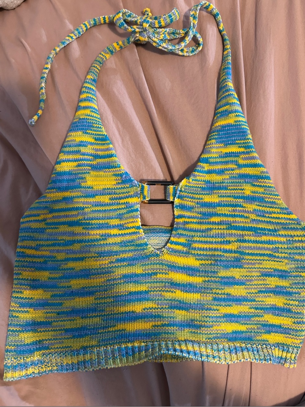 Blue, yellow, & green Knit Halter Crop Top with Center Ring